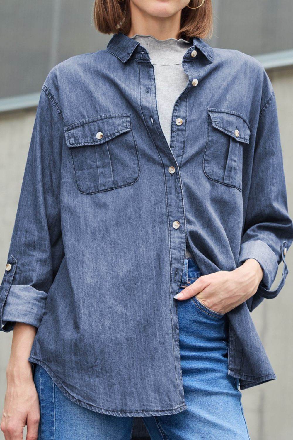 Pocketed Collared Neck Long Sleeve Denim Top - UnLaced Boutique