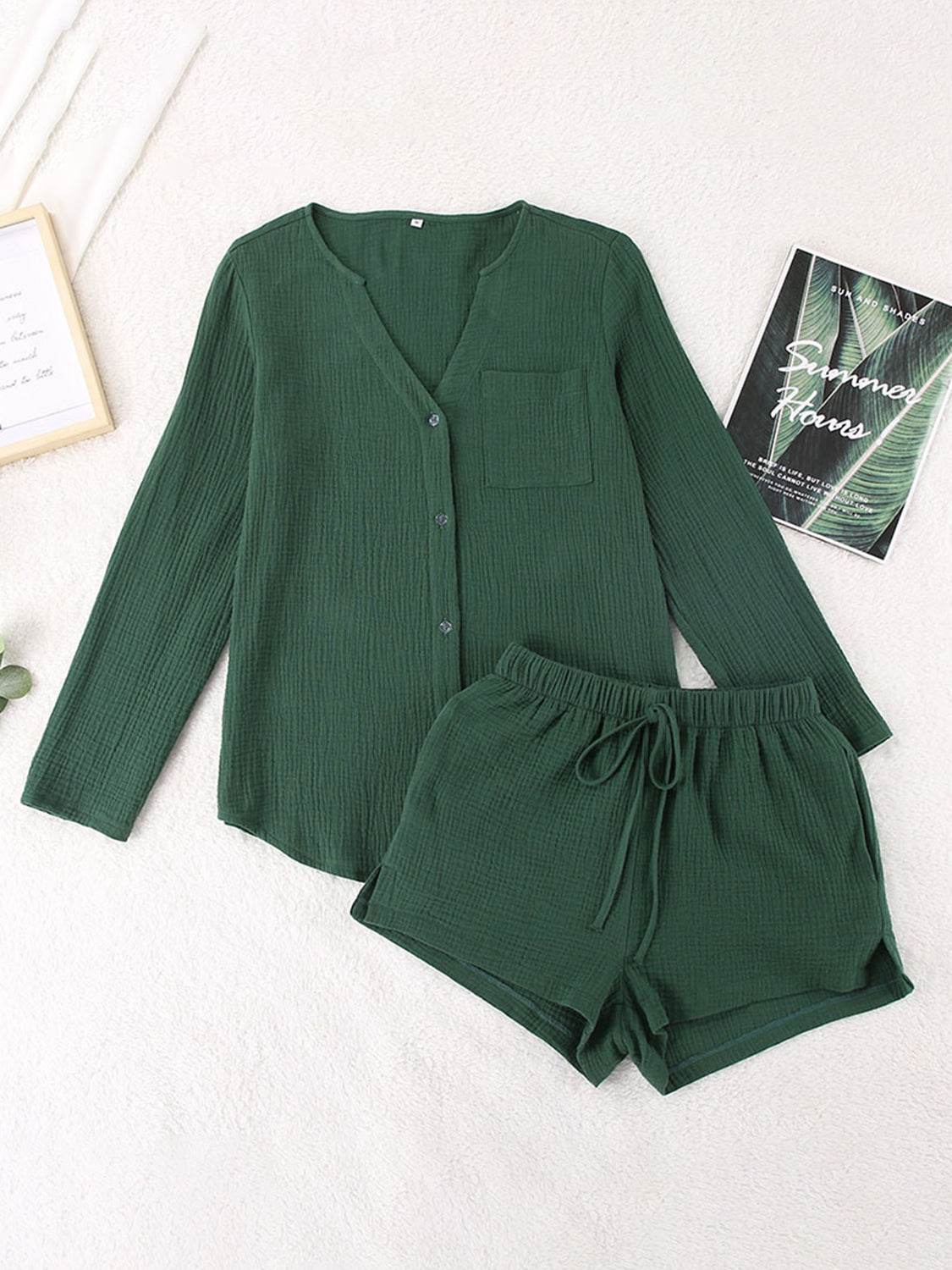 Notched Long Sleeve Top and Shorts Set - UnLaced Boutique