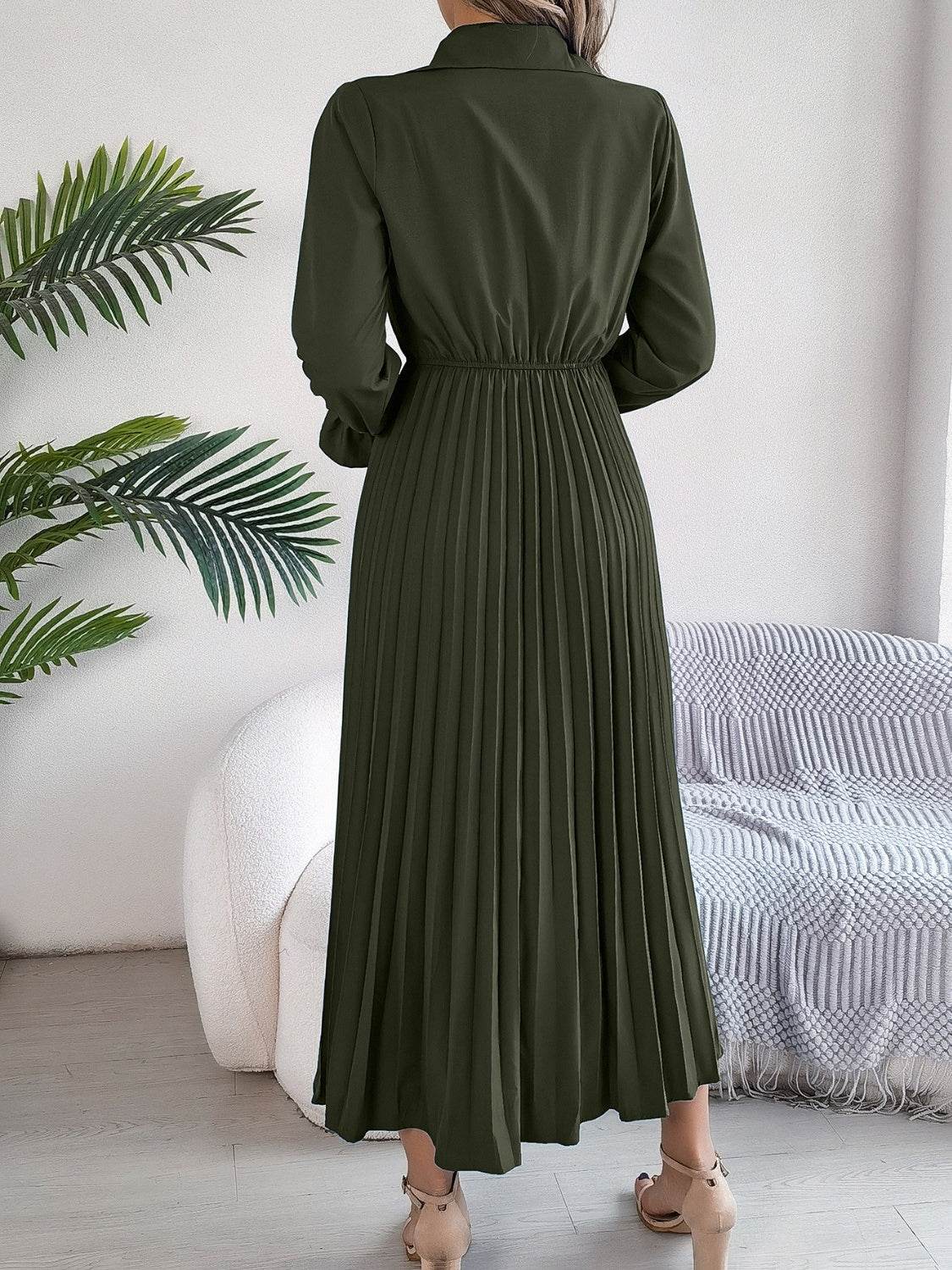 Pleated Half Button Long Sleeve Midi Dress - UnLaced Boutique