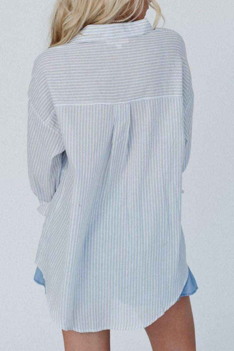 Frill Striped Collared Neck Long Sleeve Shirt - UnLaced Boutique