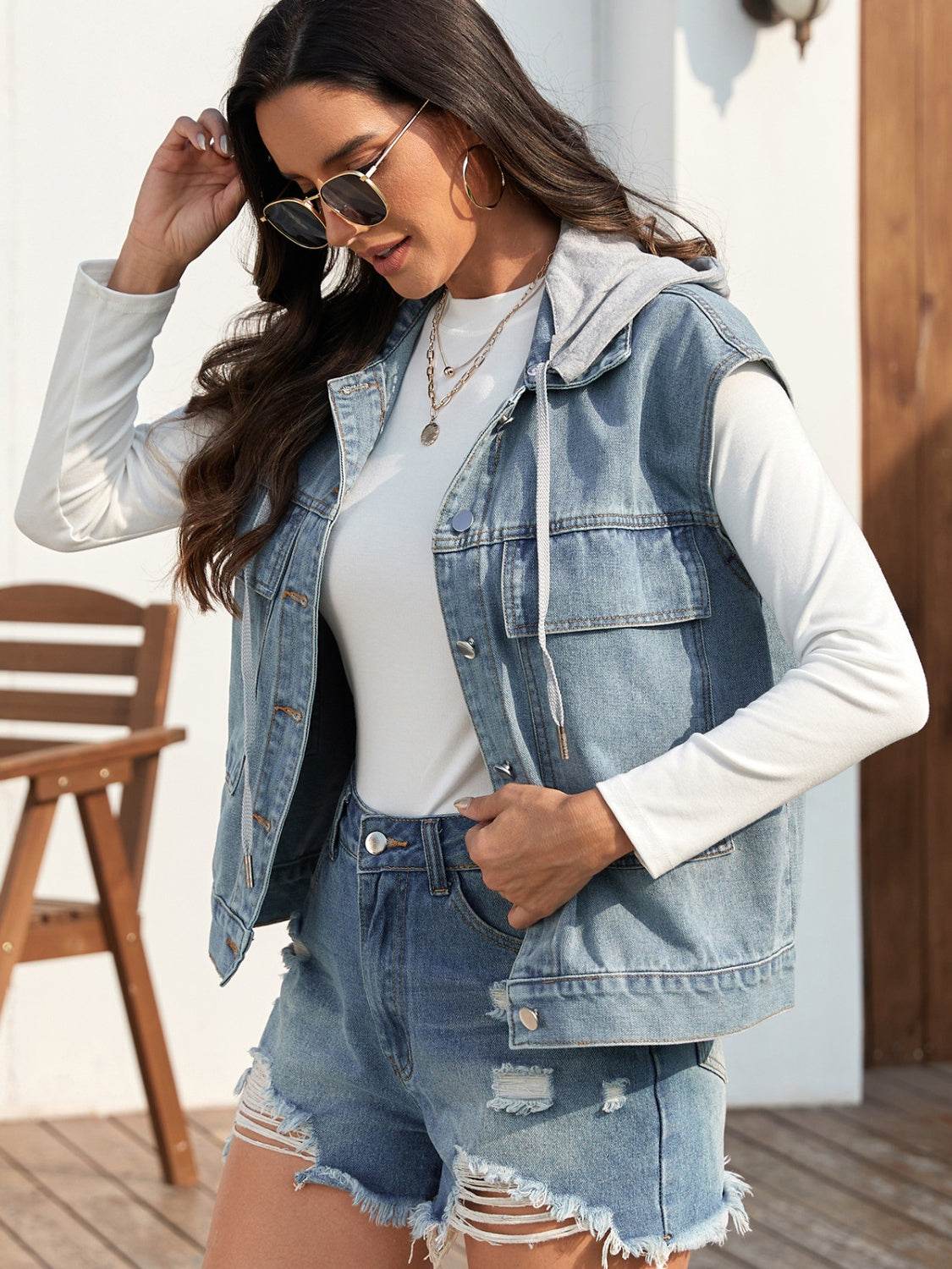 Drawstring Button Up Sleeveless Denim Jacket - UnLaced Boutique