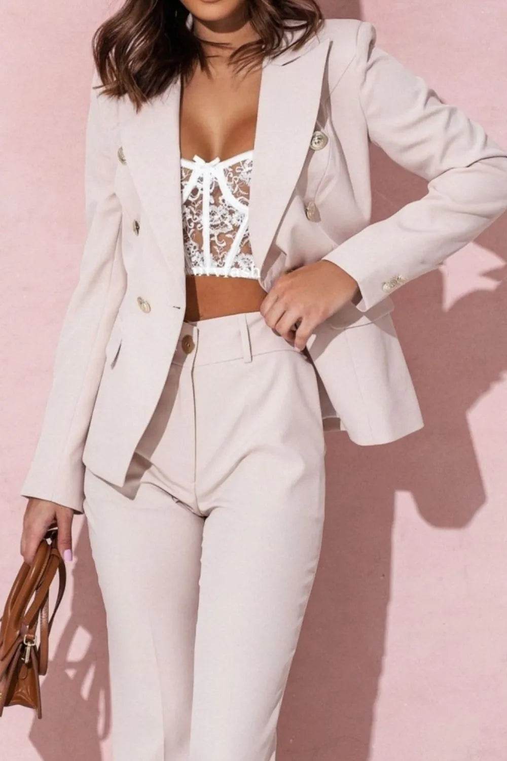 Full Size Lapel Collar Long Sleeve Blazer and Pants Set Plus Size - UnLaced Boutique