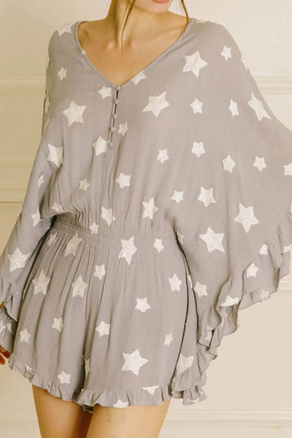 Star Print Crinkle Textured Kimono Ruffle Sleeve Romper - UnLaced Boutique
