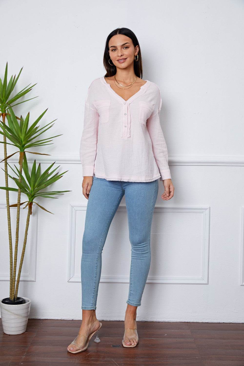 Texture Half Button Raw Hem Top - UnLaced Boutique