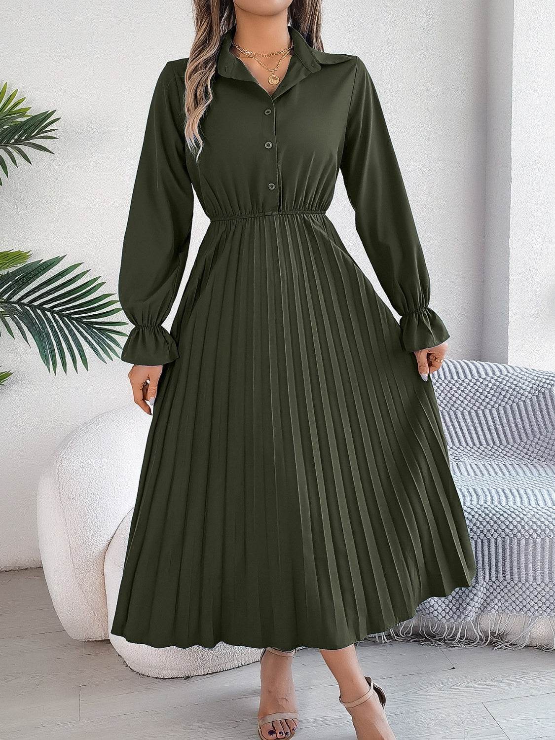 Pleated Half Button Long Sleeve Midi Dress - UnLaced Boutique