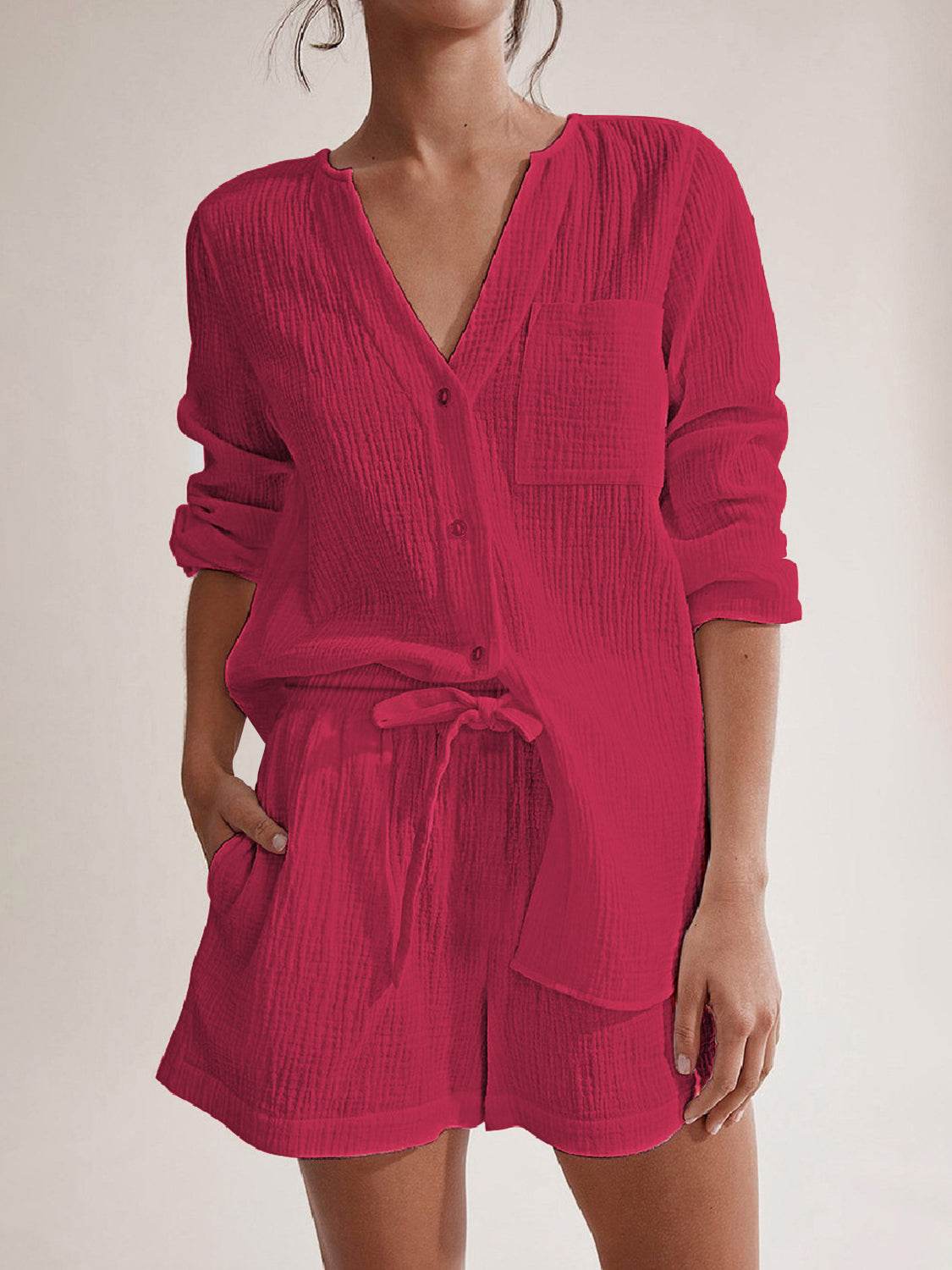 Notched Long Sleeve Top and Shorts Set - UnLaced Boutique