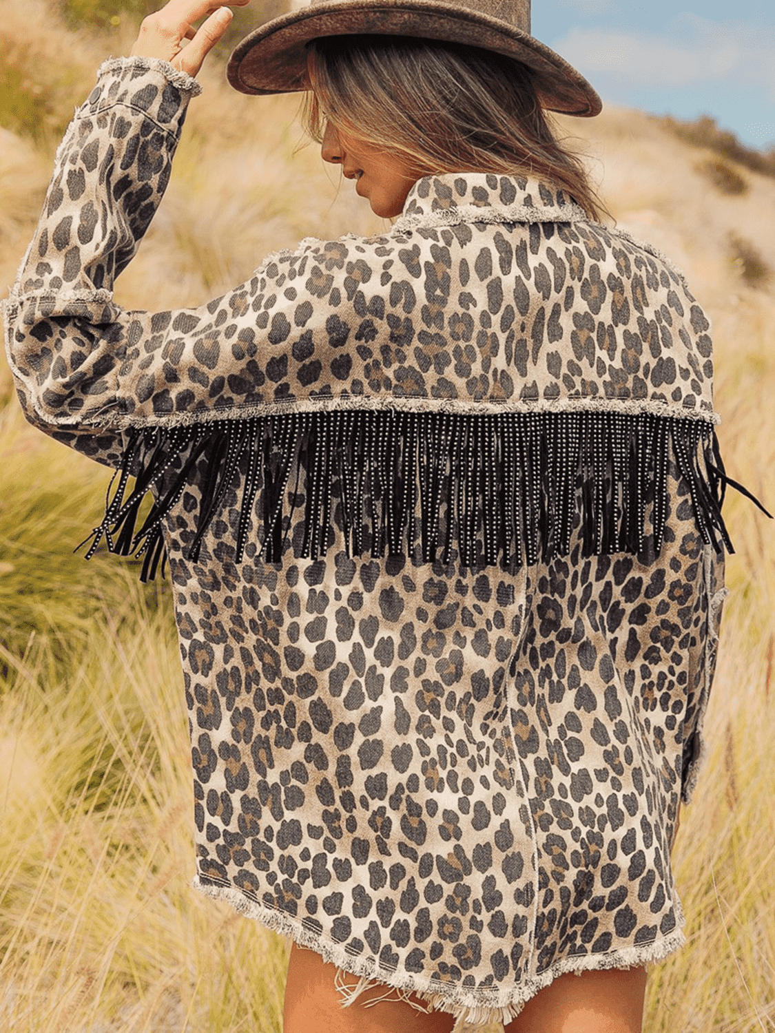 Leopard Fringe Detail Collared Neck Denim Jacket - UnLaced Boutique