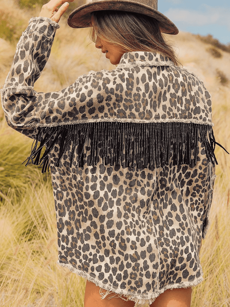 Leopard Fringe Detail Collared Neck Denim Jacket - UnLaced Boutique
