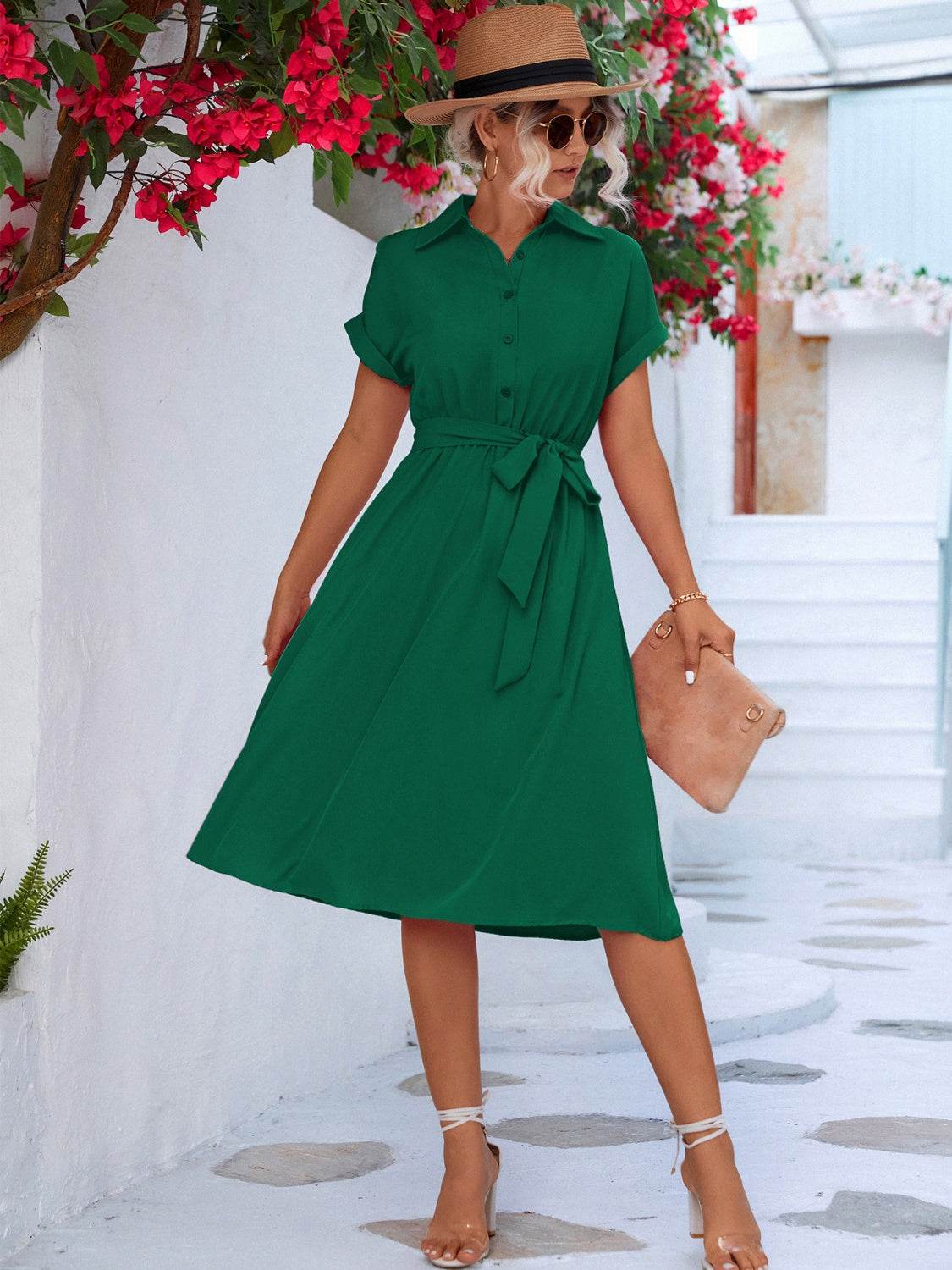 Buttoned Tie Waist Short Sleeve Dress - UnLaced Boutique