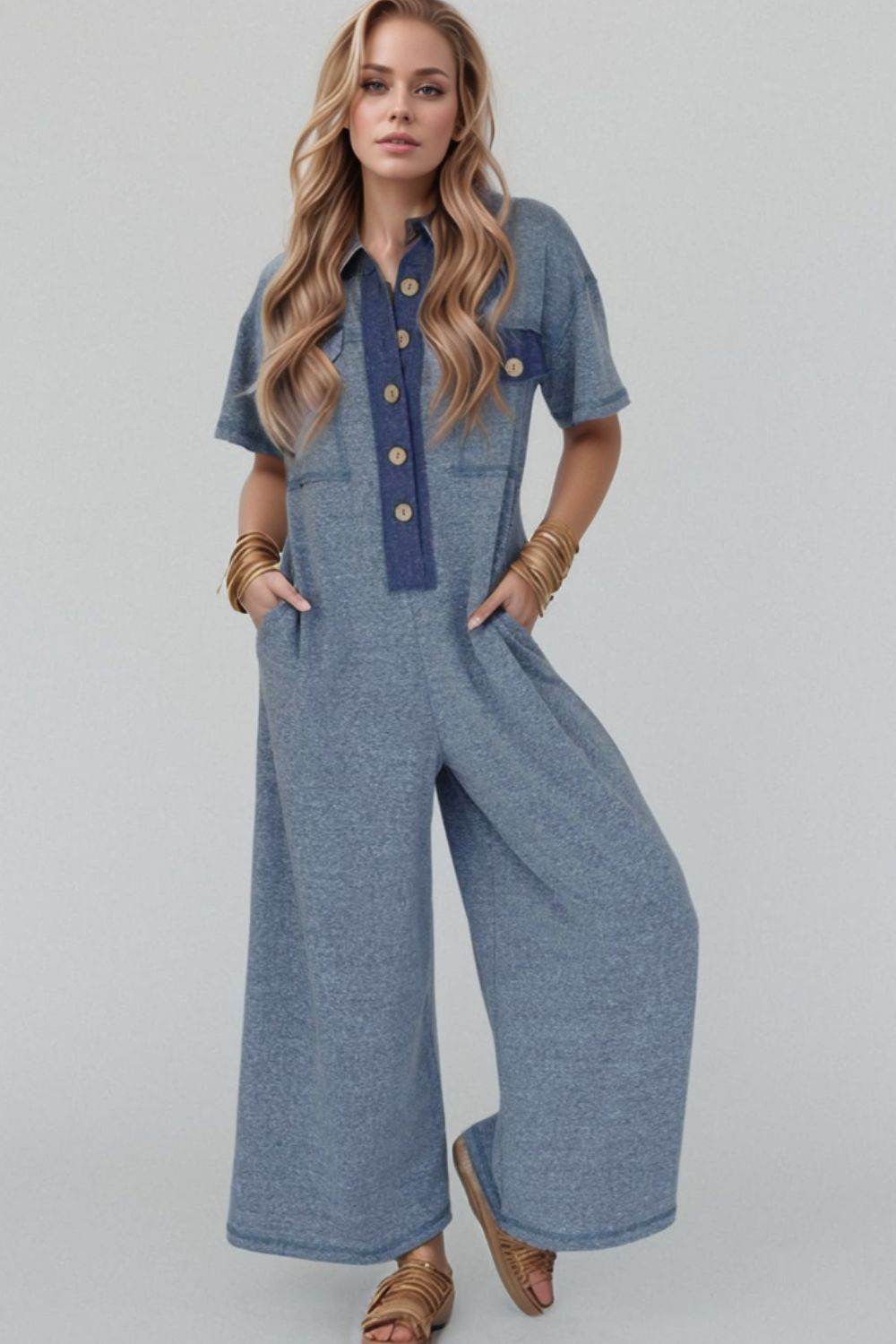 Placket Chest Pockets Short Sleeve Wide Leg Jumpsuit - UnLaced Boutique