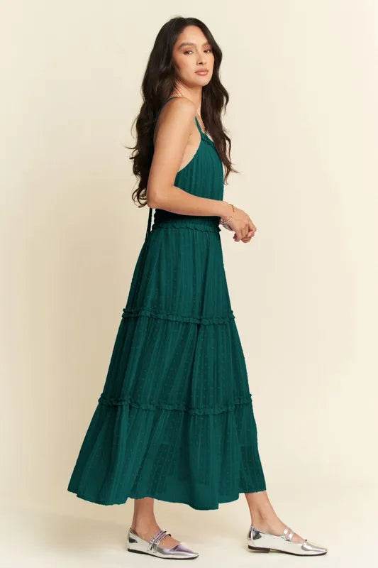 Davi & Dani Texture Swiss Dot Ruffle Square Neck Midi Dress - UnLaced Boutique