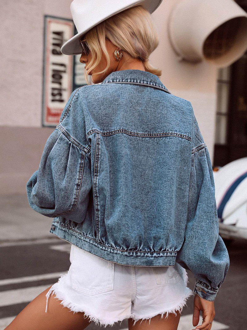 Collared Neck Dropped Shoulder Denim Top - UnLaced Boutique