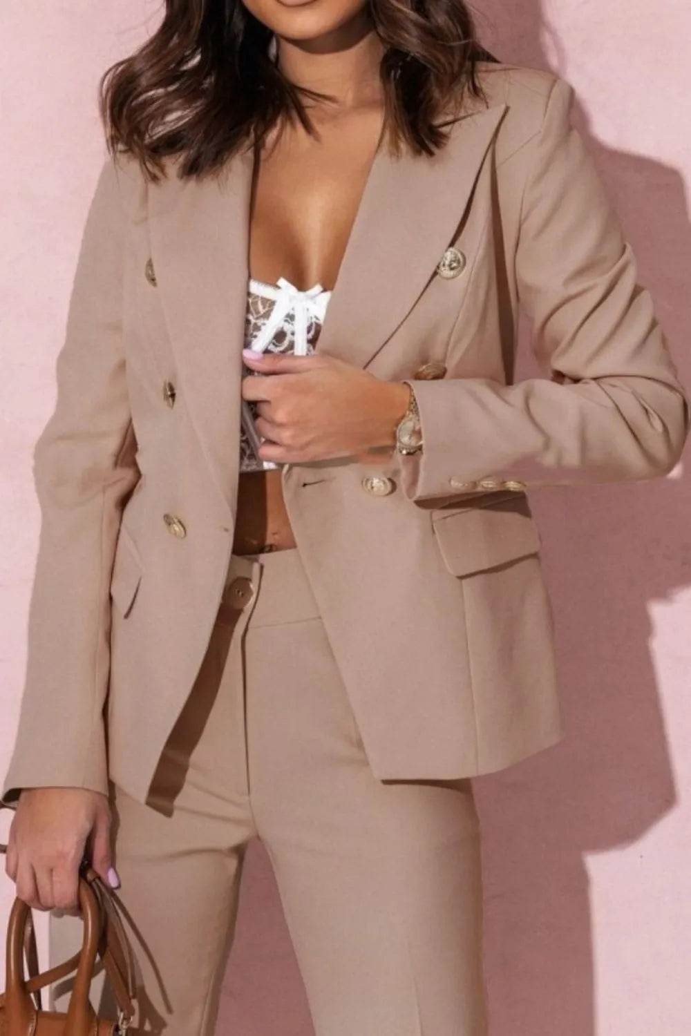Full Size Lapel Collar Long Sleeve Blazer and Pants Set Plus Size - UnLaced Boutique