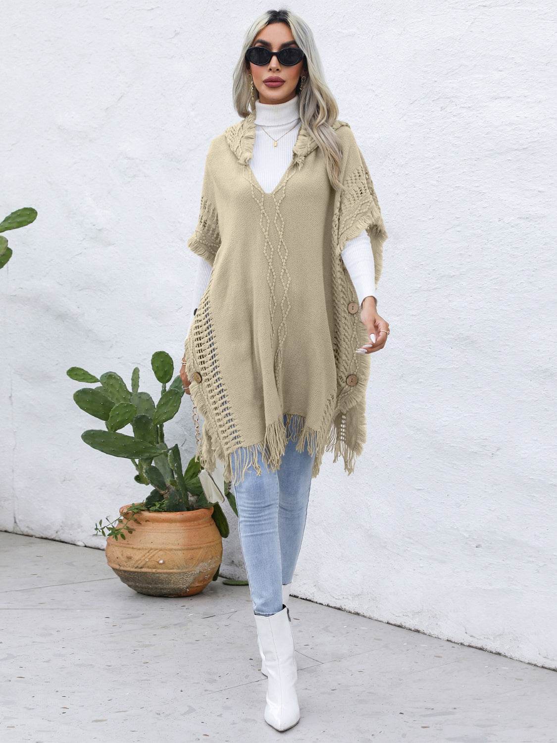 Fringe Trim Buttoned Hooded Poncho - UnLaced Boutique