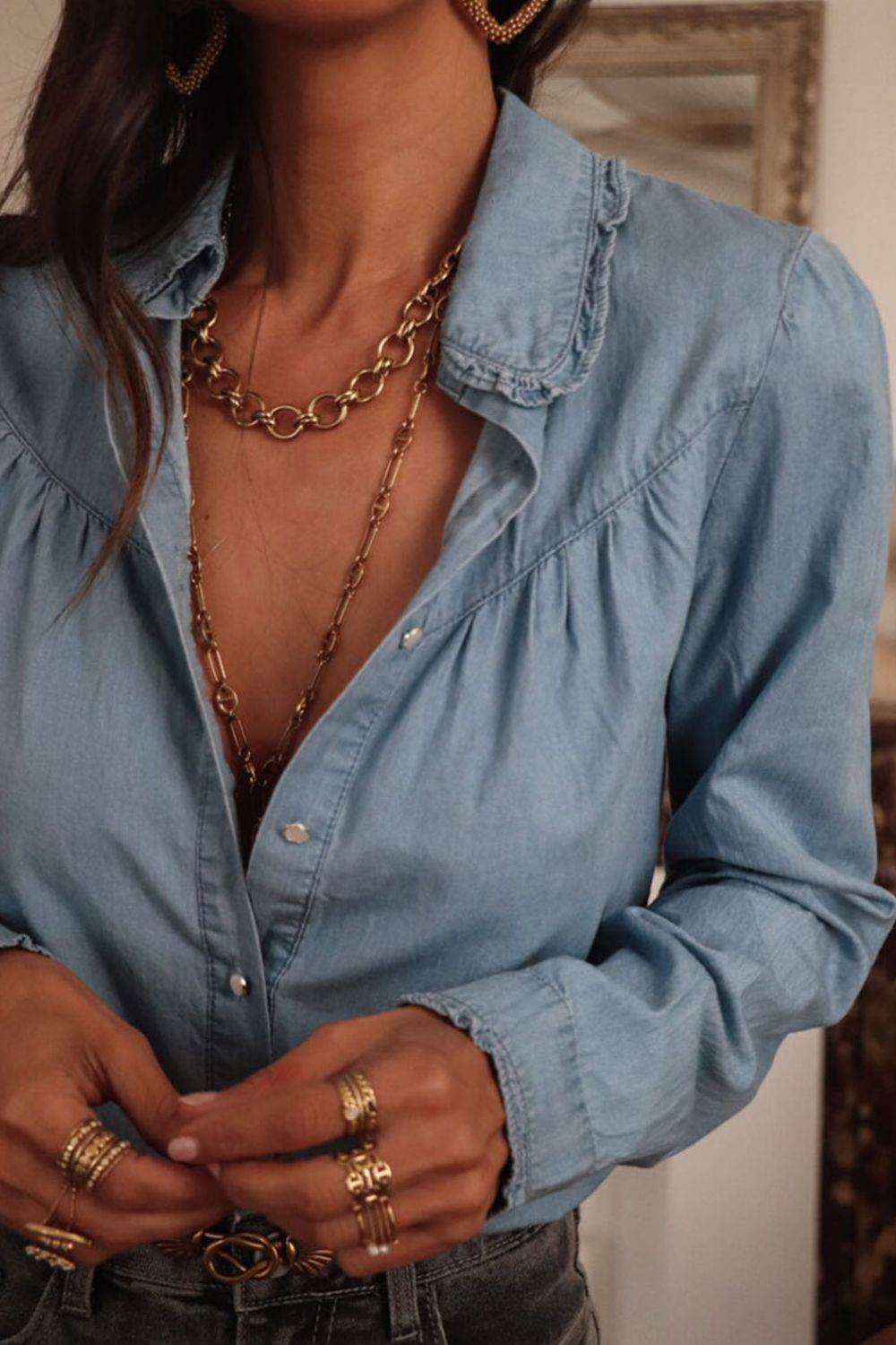 Button Up Long Sleeve Denim Top - UnLaced Boutique