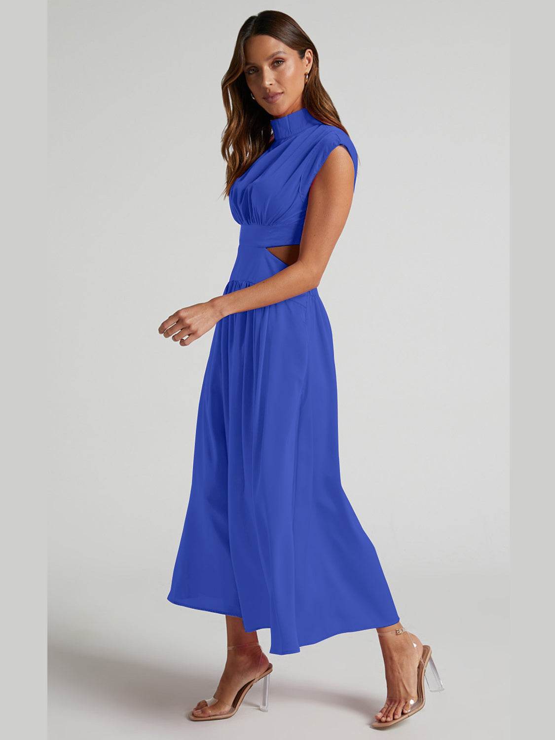 Cutout Mock Neck Sleeveless Ruched Dress - UnLaced Boutique
