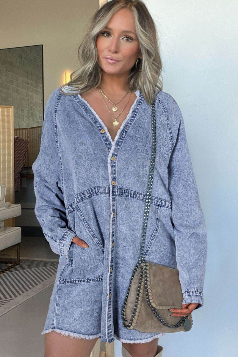 Raw Hem Button Down Long Sleeve Denim Dress - UnLaced Boutique