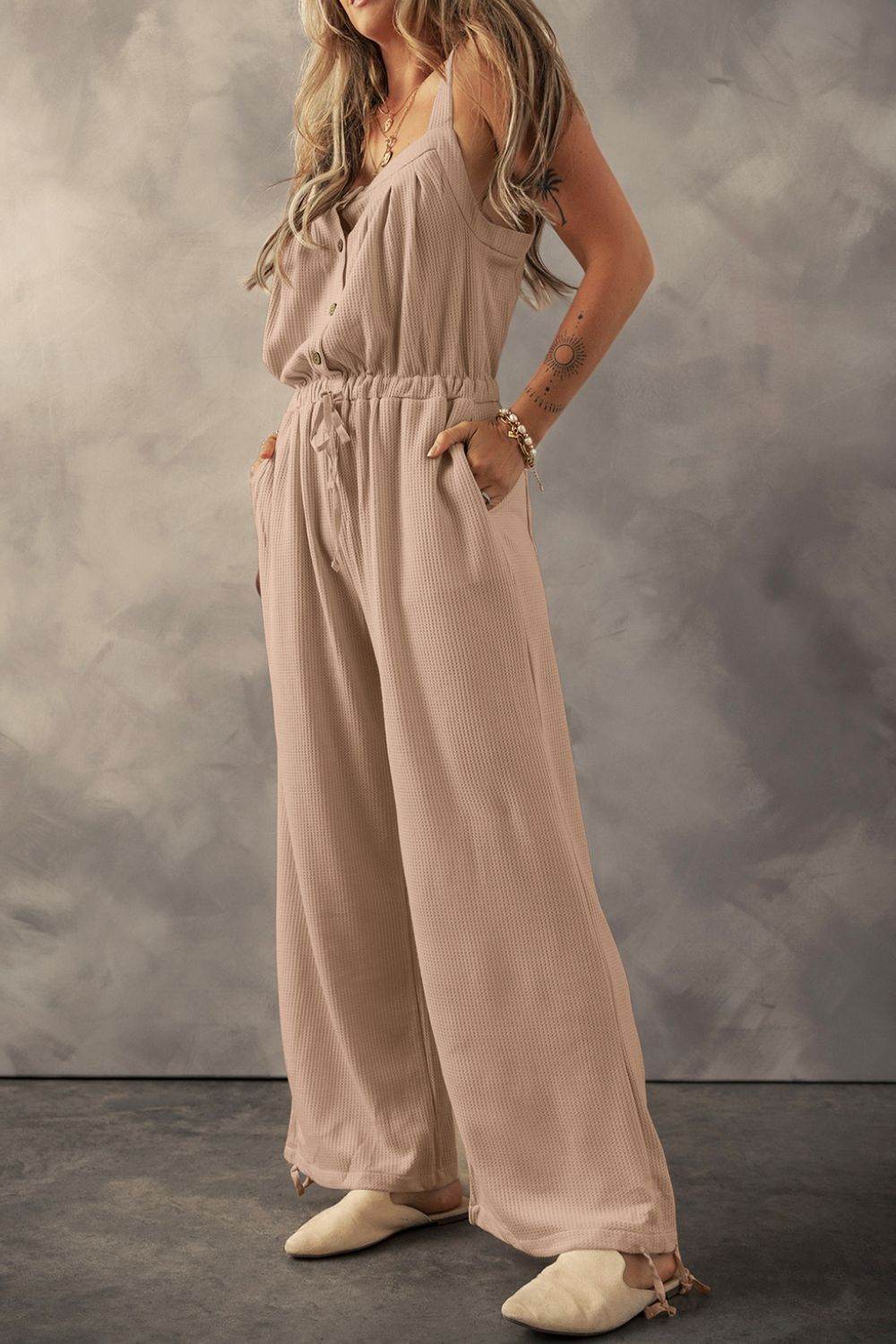 Knotted Straps Button Textured Drawstring Jumpsuit - UnLaced Boutique