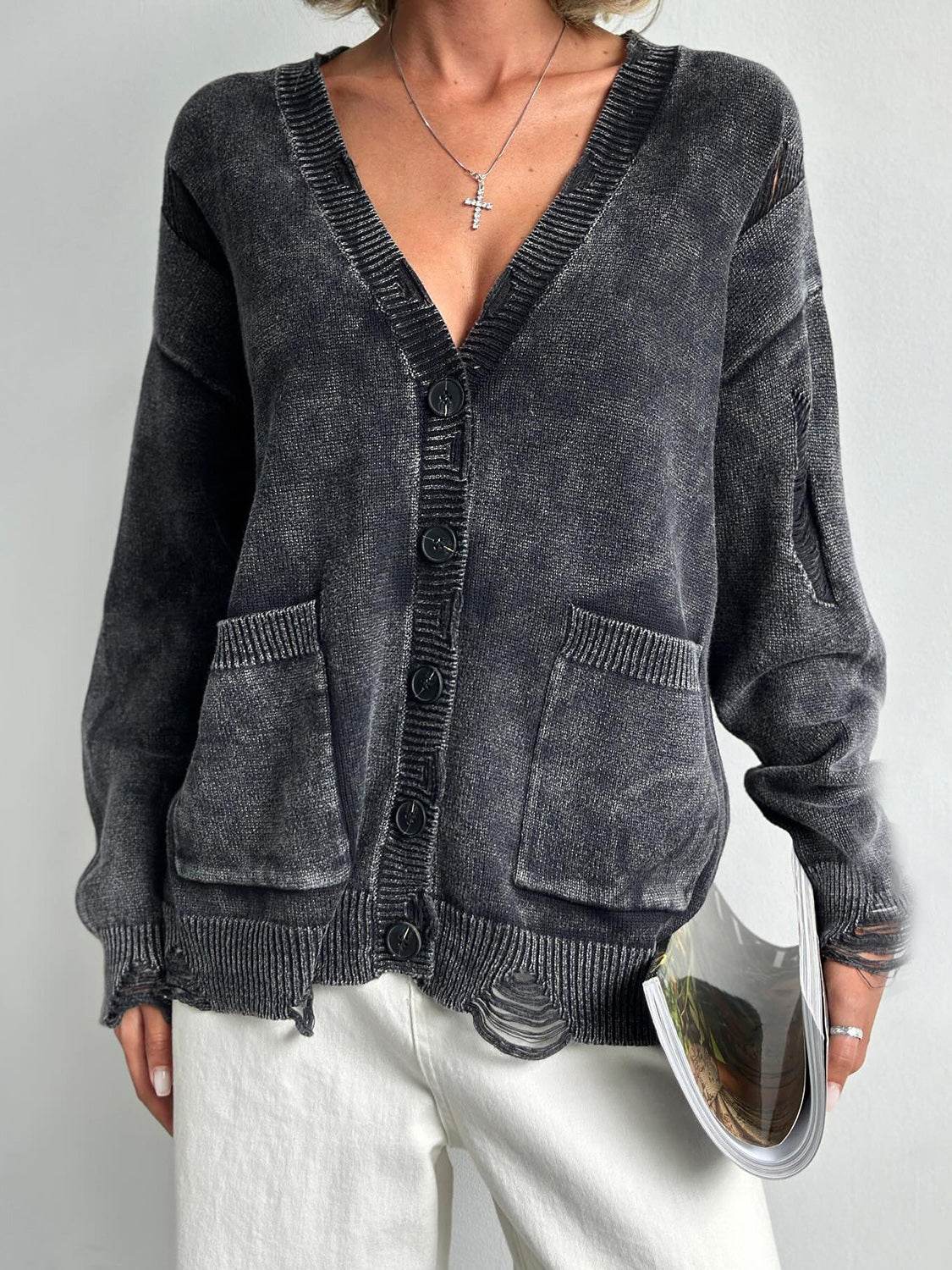 Distressed Button Down Long Sleeve Cardigan - UnLaced Boutique