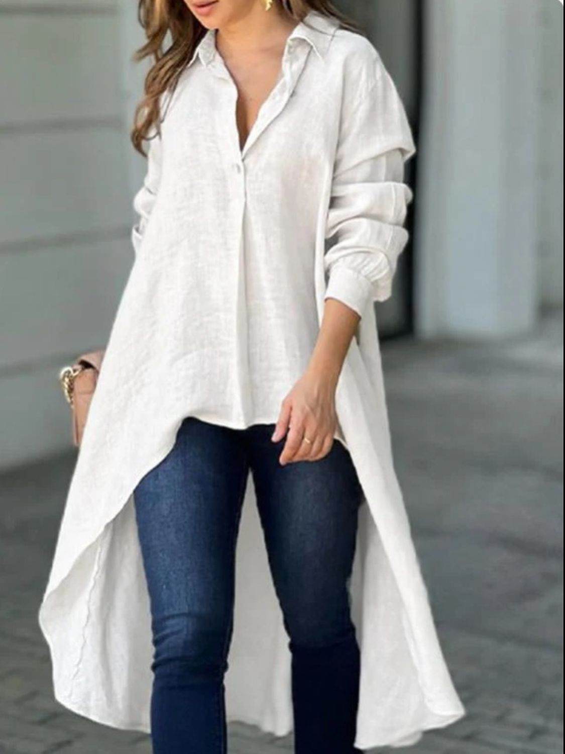 Full Size High-Low Collared Neck Long Sleeve Shirt - UnLaced Boutique