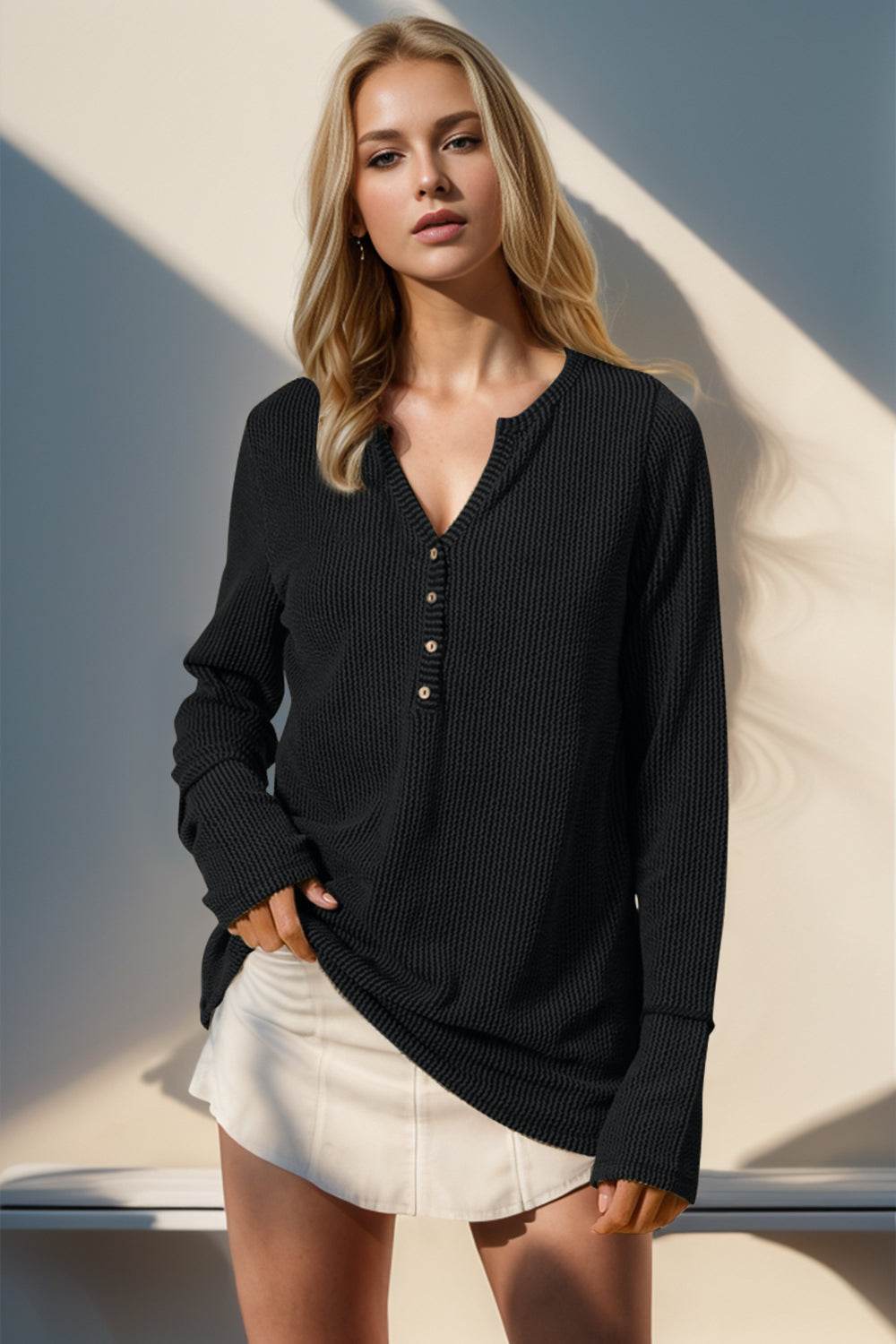 Double Take Full Size Notched Thumbhole Long Sleeve T-Shirt - UnLaced Boutique