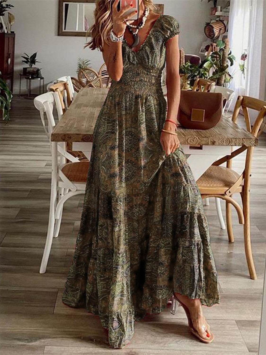 Full Size Smocked Printed V-Neck Short Sleeve Dress - UnLaced Boutique