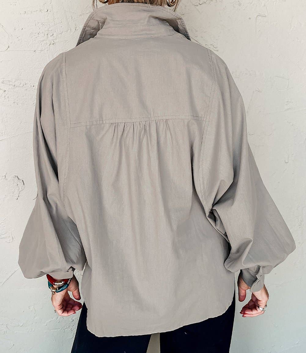 Balloon Sleeve Side Slits Loose Fit Shirt