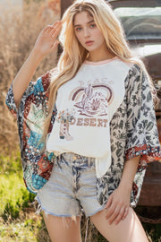 Peace Desert Graphic Asymmetric Printed Patchwork Sleeve Top
