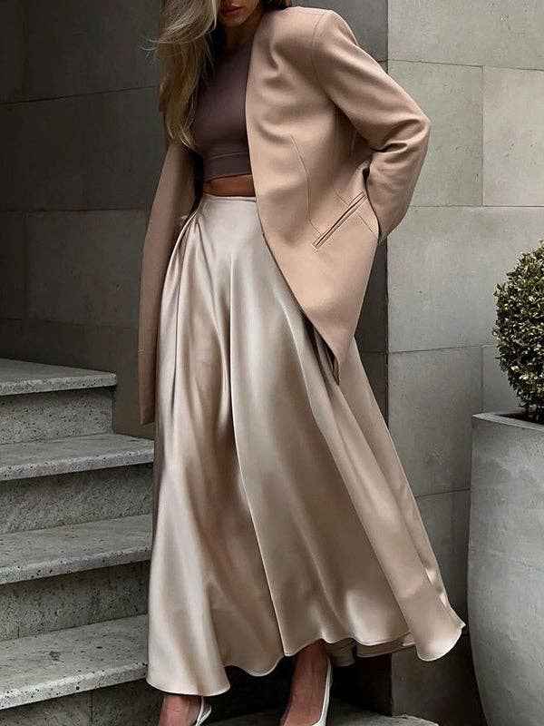 A - Line High Waisted Elasticity Pleated Solid Color Skirts - UnLaced Boutique