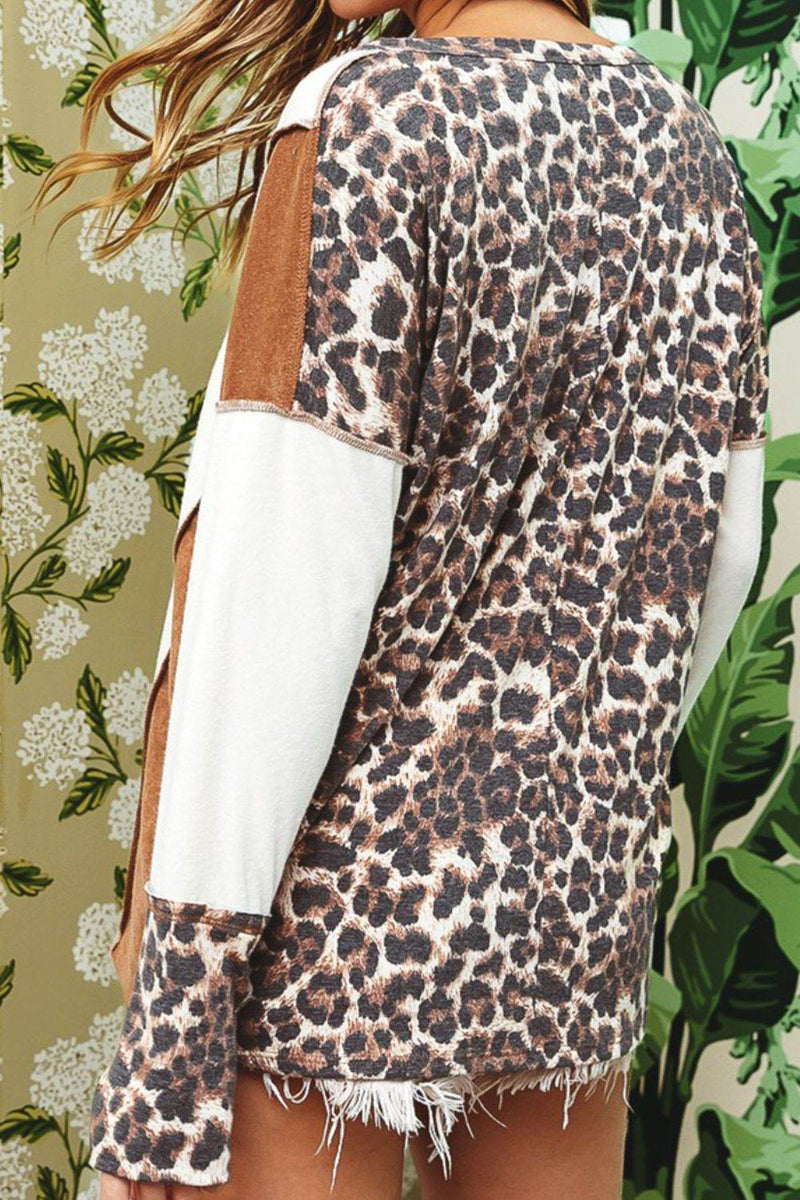 Leopard V-Neck Dropped Shoulder Blouse - UnLaced Boutique