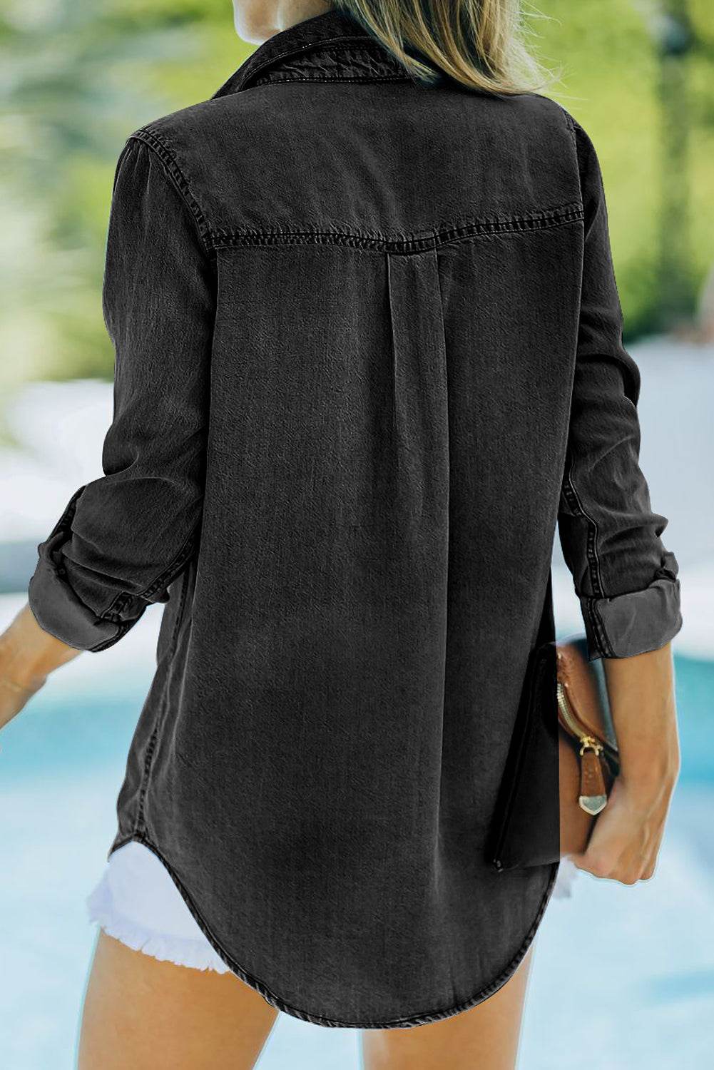 Pocketed Collared Neck Long Sleeve Denim Top - UnLaced Boutique