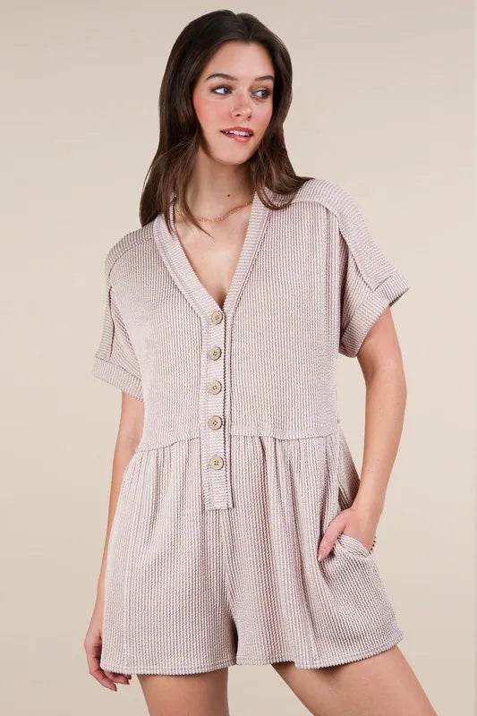 VERY J Two Tone Ribbed Knit Comfy Casual Romper - UnLaced Boutique