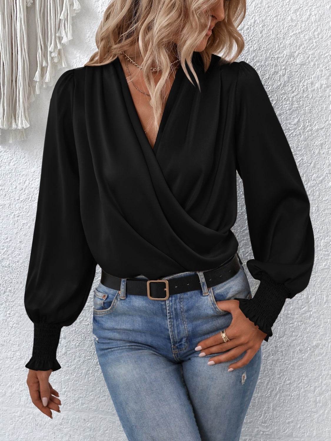 Surplice Smocked Lantern Sleeve Blouse - UnLaced Boutique
