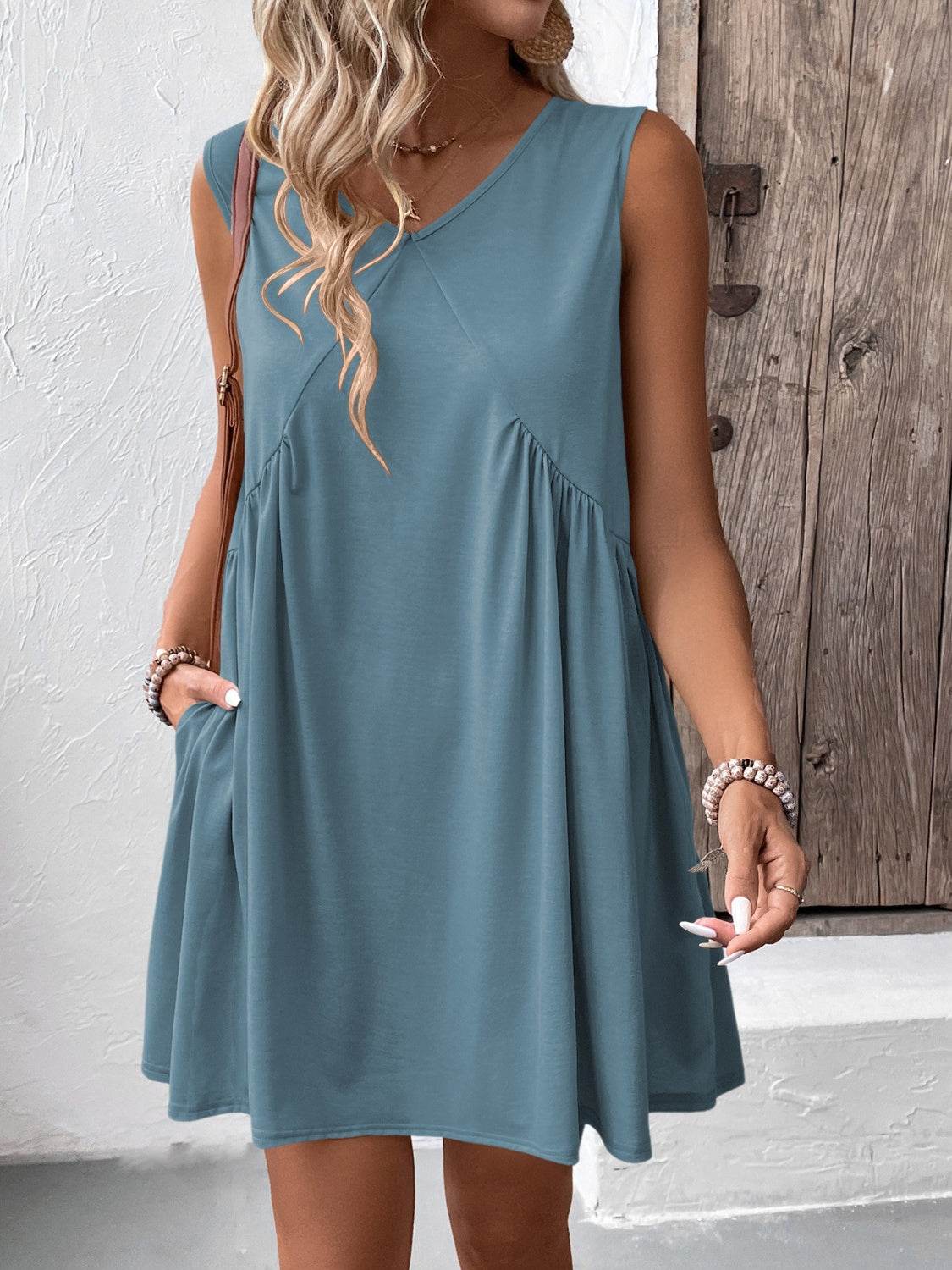 Ivy Lane Ruched V-Neck Sleeveless Mini Dress - UnLaced Boutique