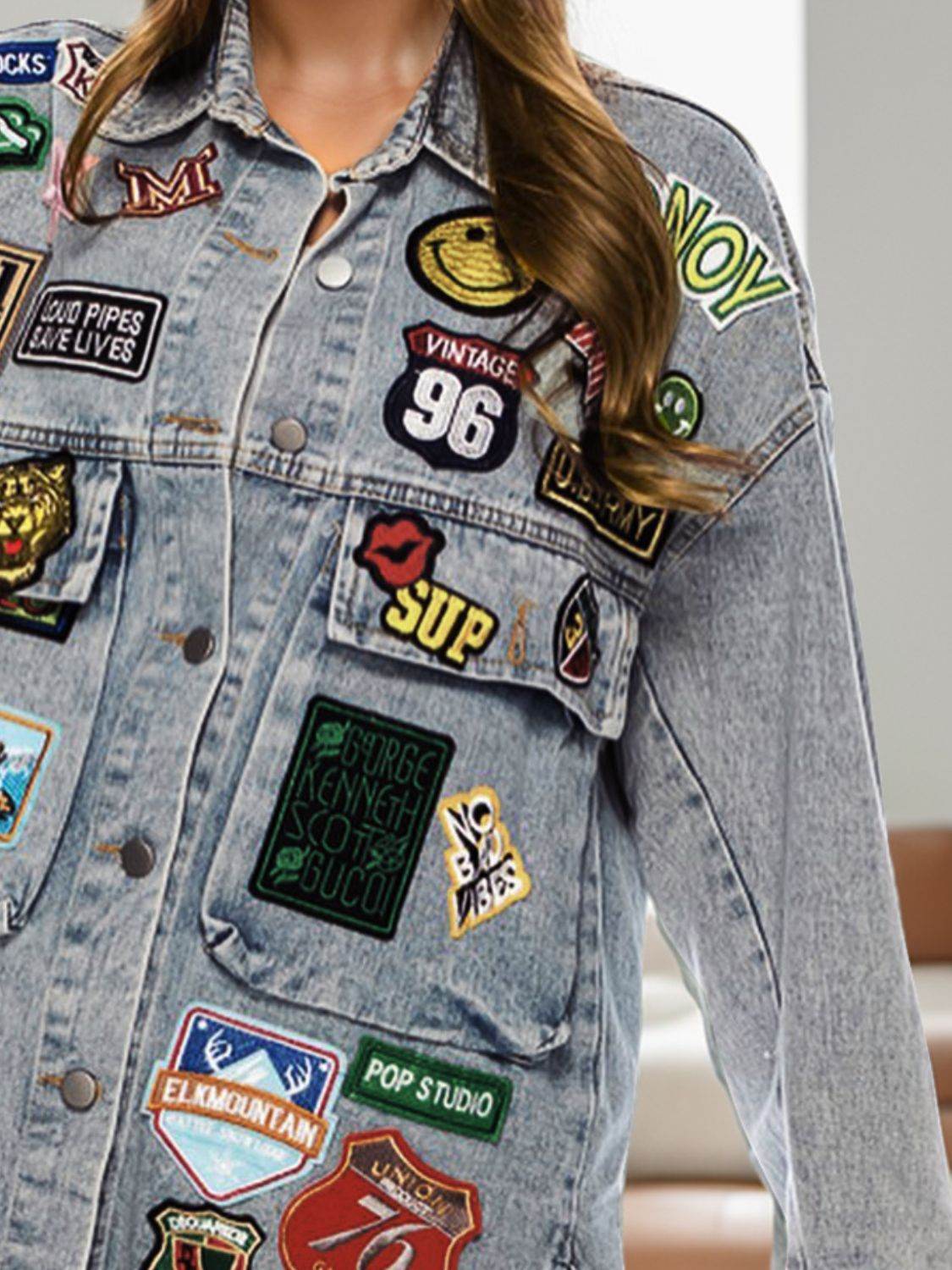 Embroidered Patch Button Up Long Sleeve Denim Jacket - UnLaced Boutique