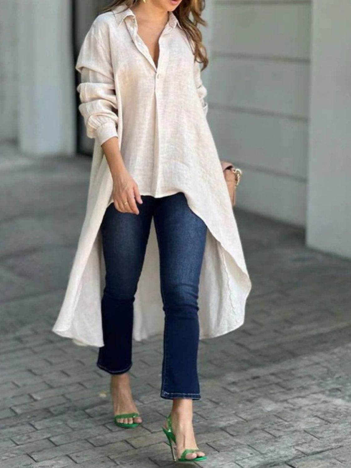 Full Size High-Low Collared Neck Long Sleeve Shirt - UnLaced Boutique