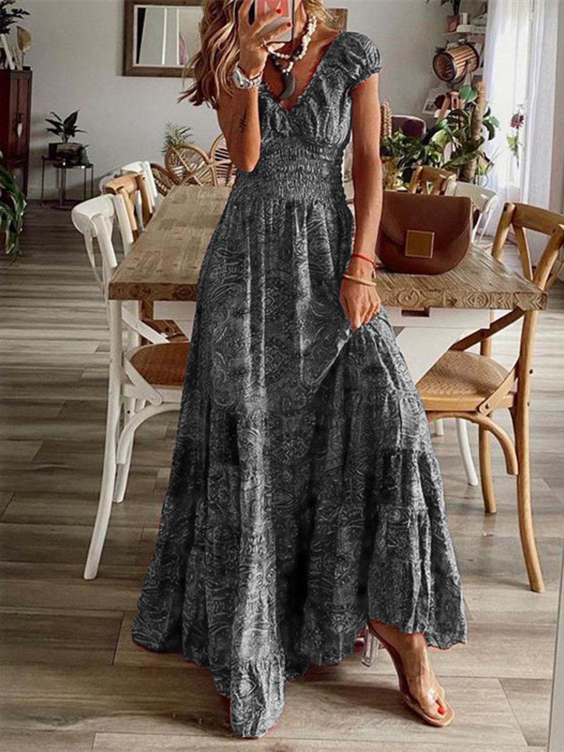 Full Size Smocked Printed V-Neck Short Sleeve Dress - UnLaced Boutique