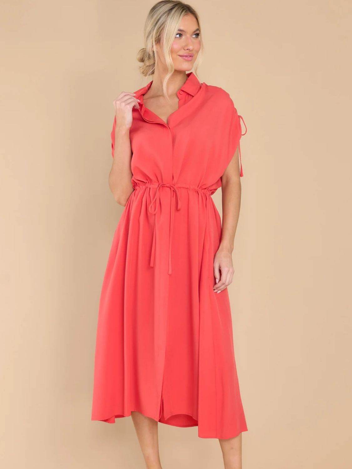 Drawstring Collared Neck Short Sleeve Midi Dress - UnLaced Boutique