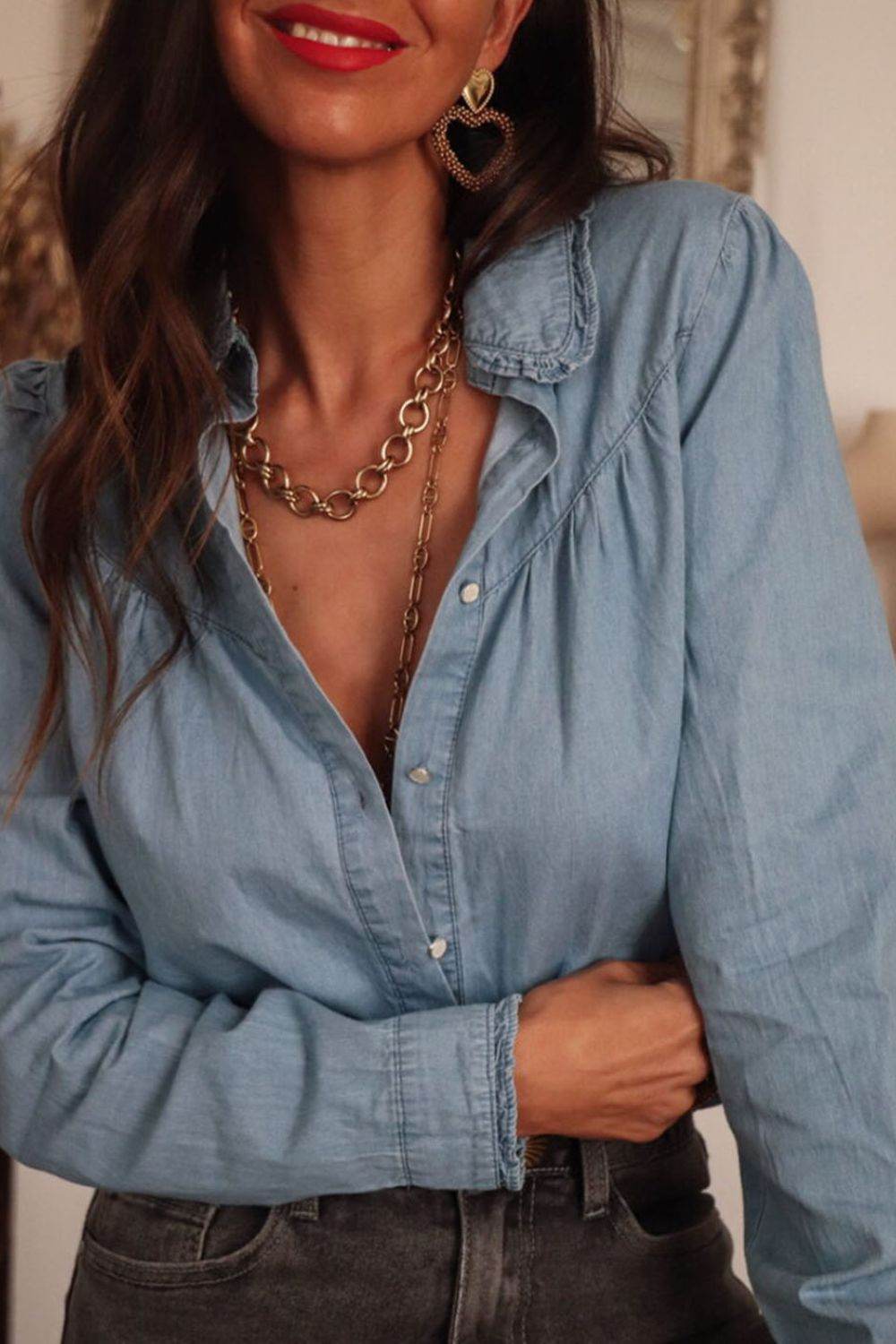 Button Up Long Sleeve Denim Top - UnLaced Boutique