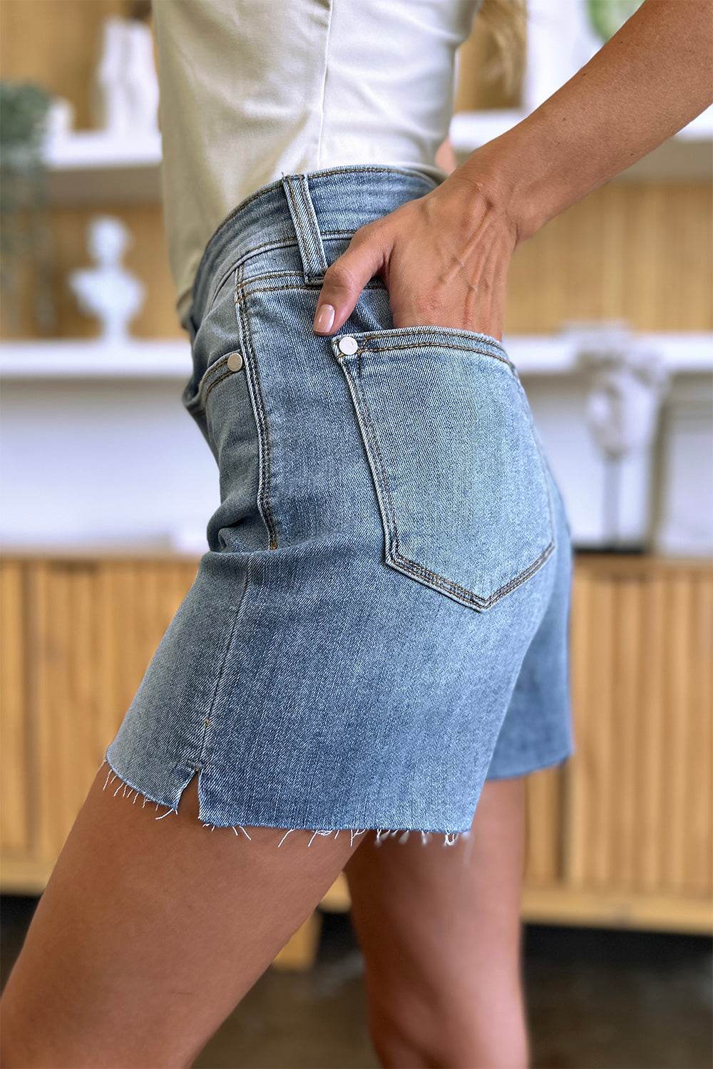 Judy Blue Full Size High Waist Raw Hem Denim Shorts - UnLaced Boutique