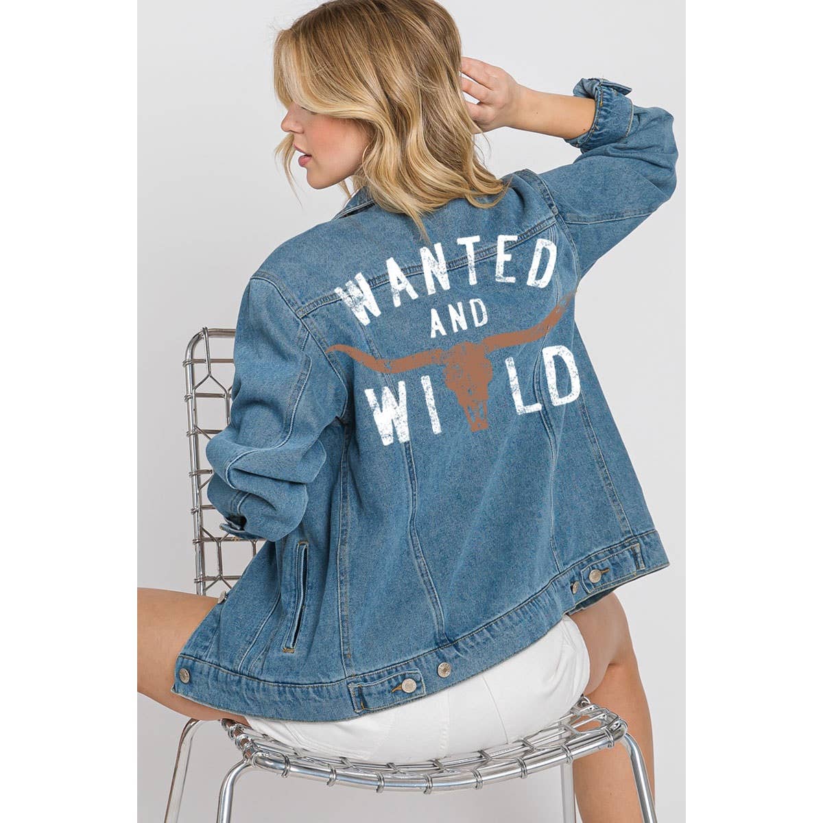 WANTED AND WILD BULL HEAD BOYFRIEND DENIM JACKET
