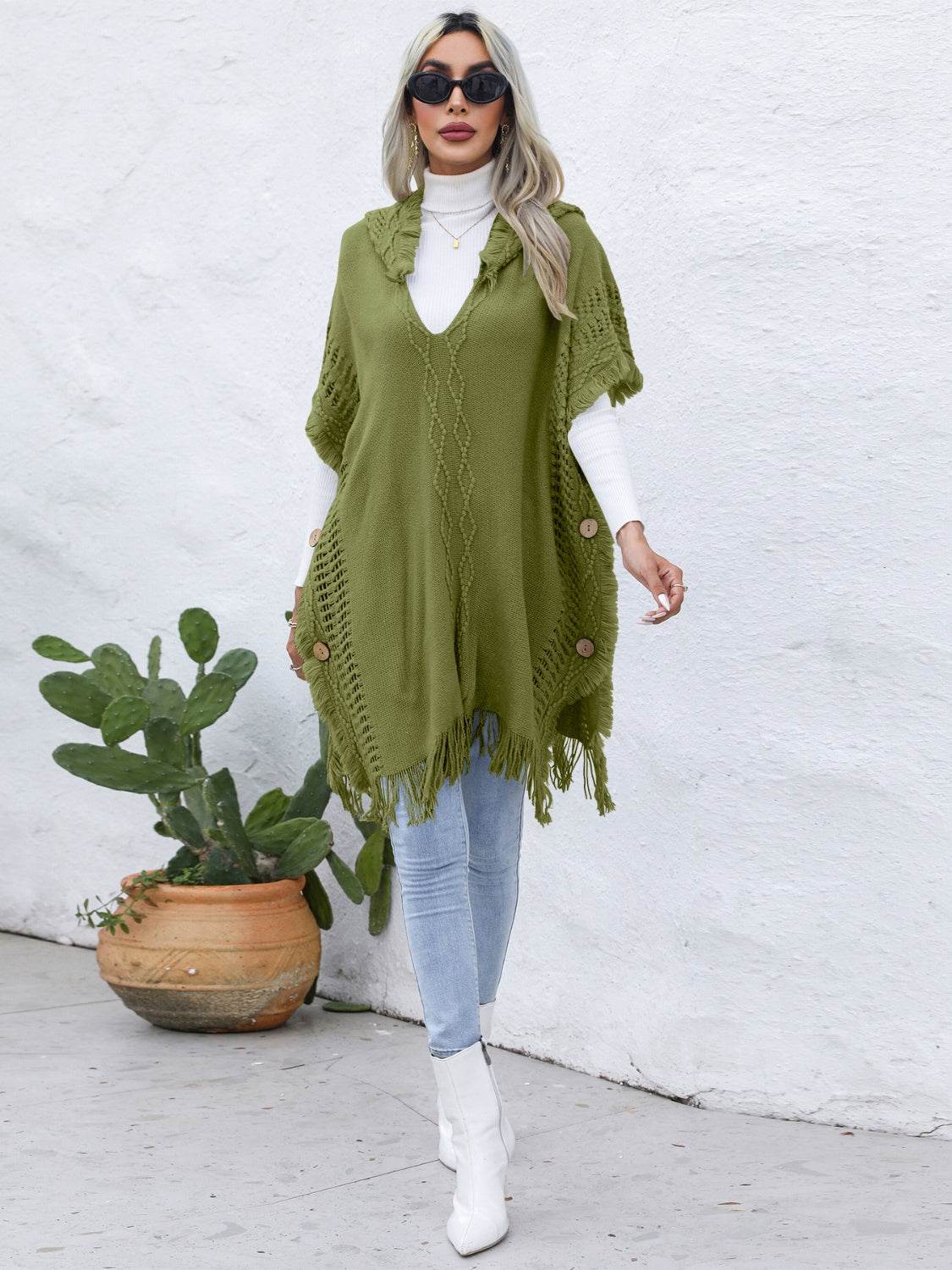 Fringe Trim Buttoned Hooded Poncho - UnLaced Boutique