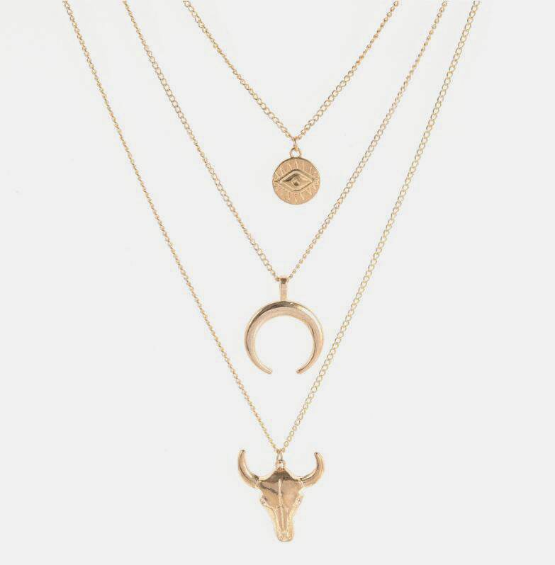 Alloy Three-Layered Bull Head Pendant Necklace - UnLaced Boutique