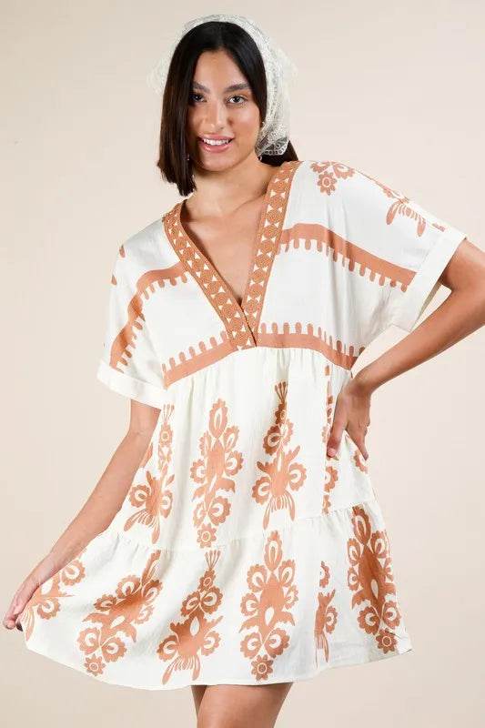 VERY J Printed V-Neck Woven Mini Dress - UnLaced Boutique