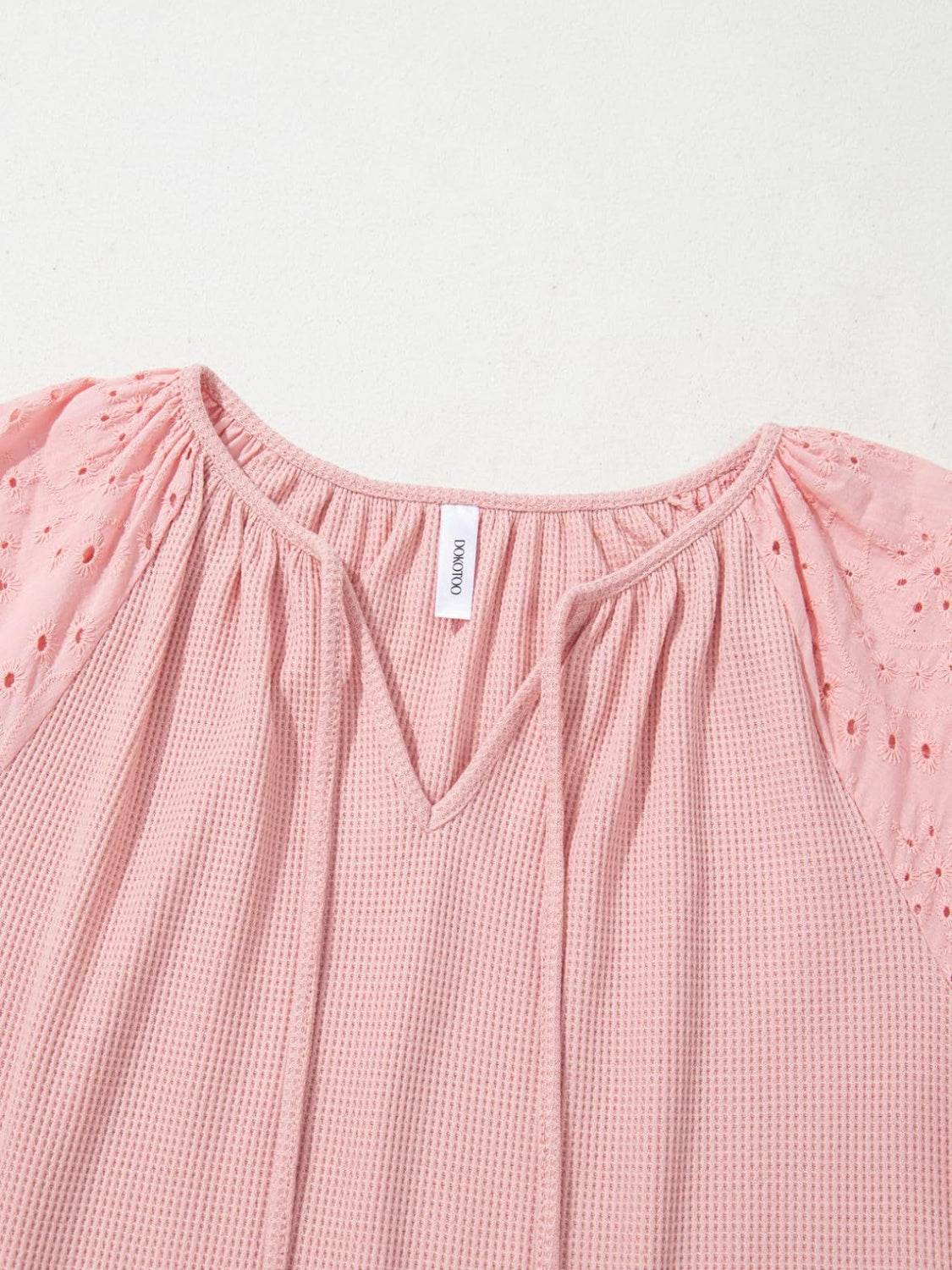 Eyelet Tie Neck Three-Quarter Sleeve Blouse - UnLaced Boutique