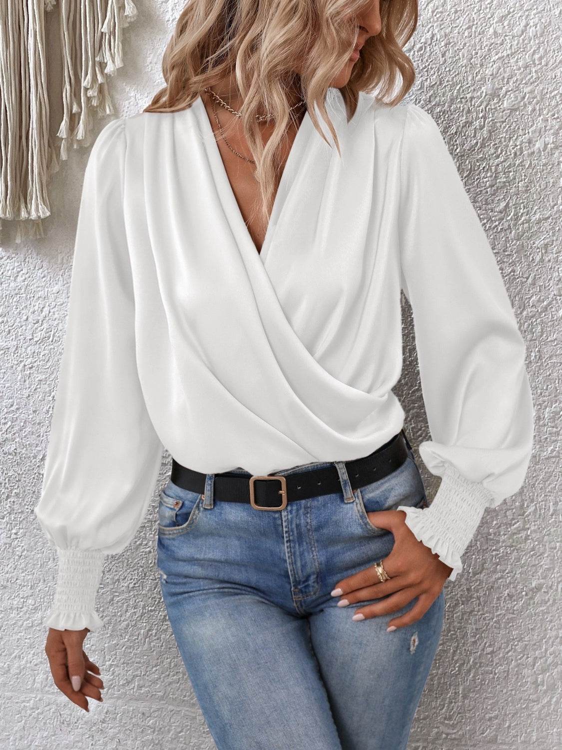 Surplice Smocked Lantern Sleeve Blouse - UnLaced Boutique