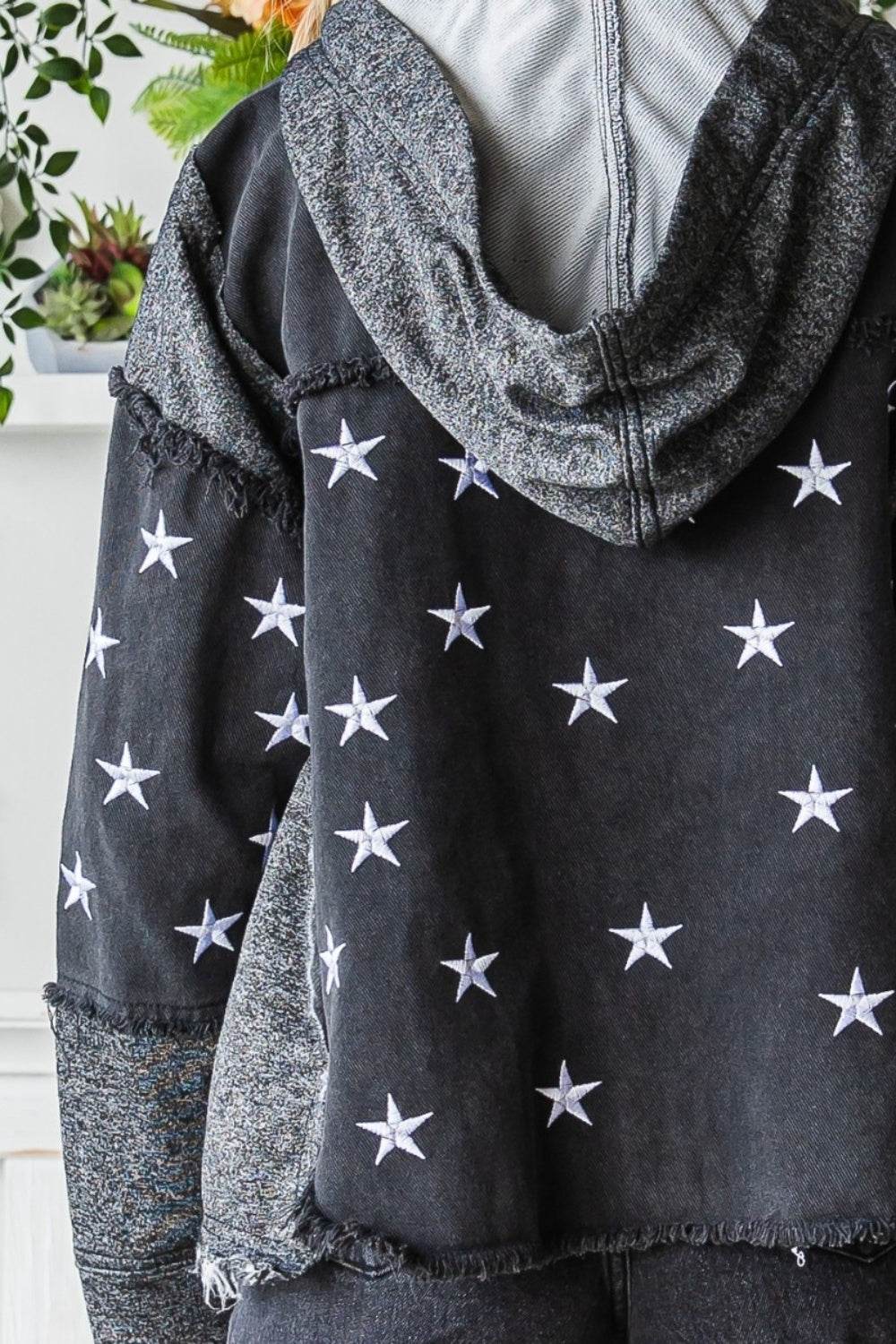 Veveret Star Embroidered Hooded Denim Jacket - UnLaced Boutique