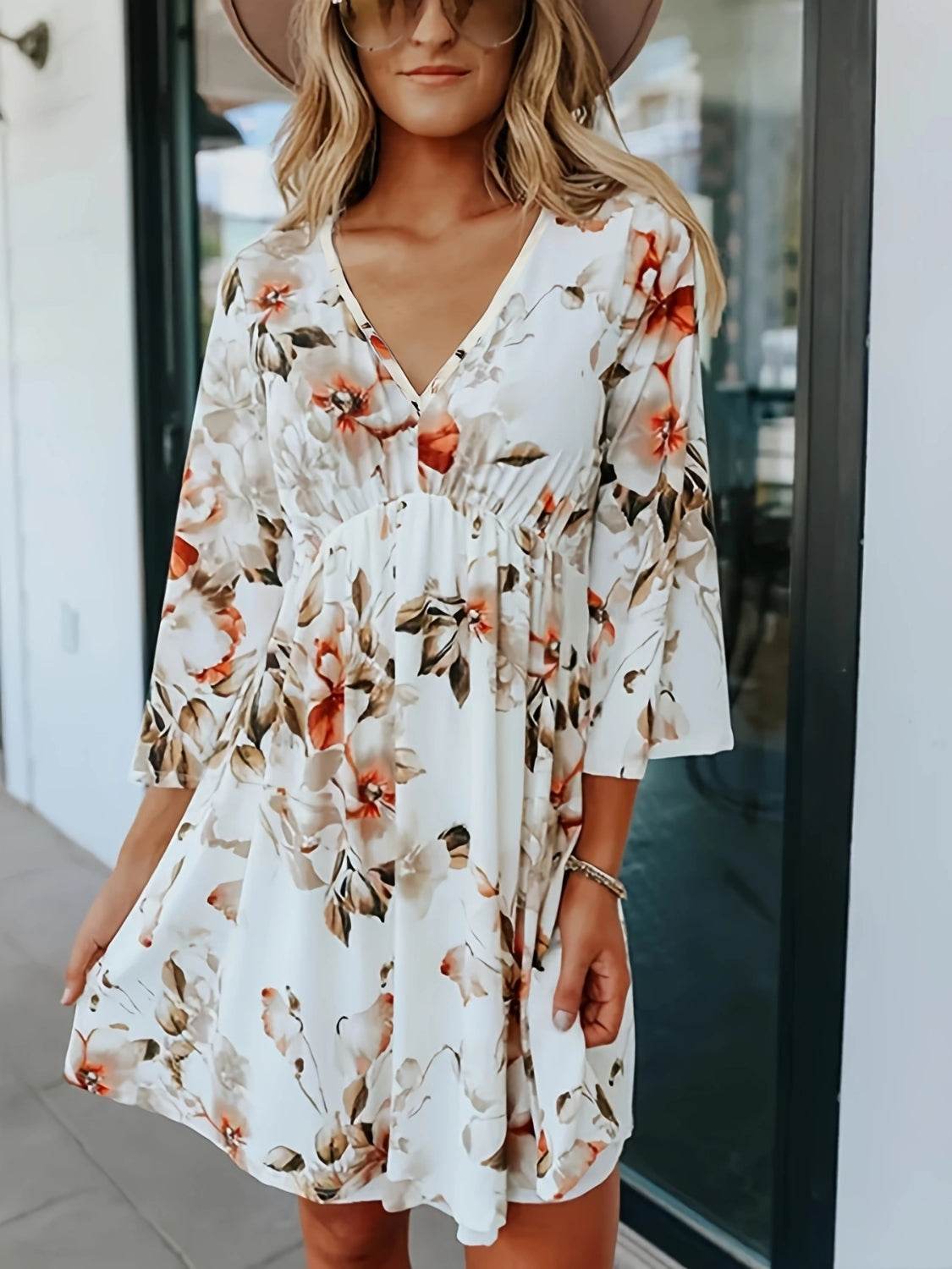 Floral V-Neck Three-Quarter Sleeve Mini Dress - UnLaced Boutique