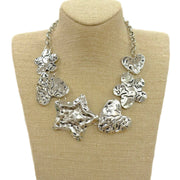 Silver Matte Hammered Star, Heart & Flower Chain Necklace