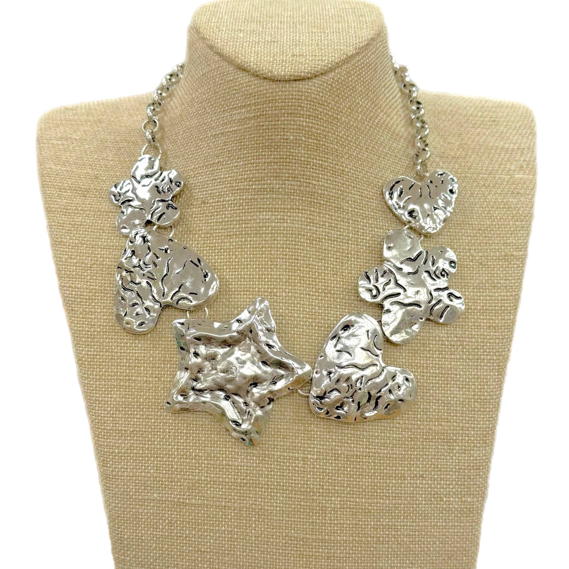 Silver Matte Hammered Star, Heart & Flower Chain Necklace
